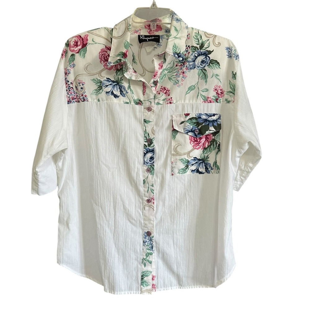 Rhymes Vintage Floral Yoke Button Up Blouse Sz L‎ White Short Sleeve Textured